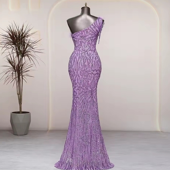 Purple, Geo Print, Assymmetrical Neck, Ostrich Feather, Sequined Gown - Picture 9 of 16